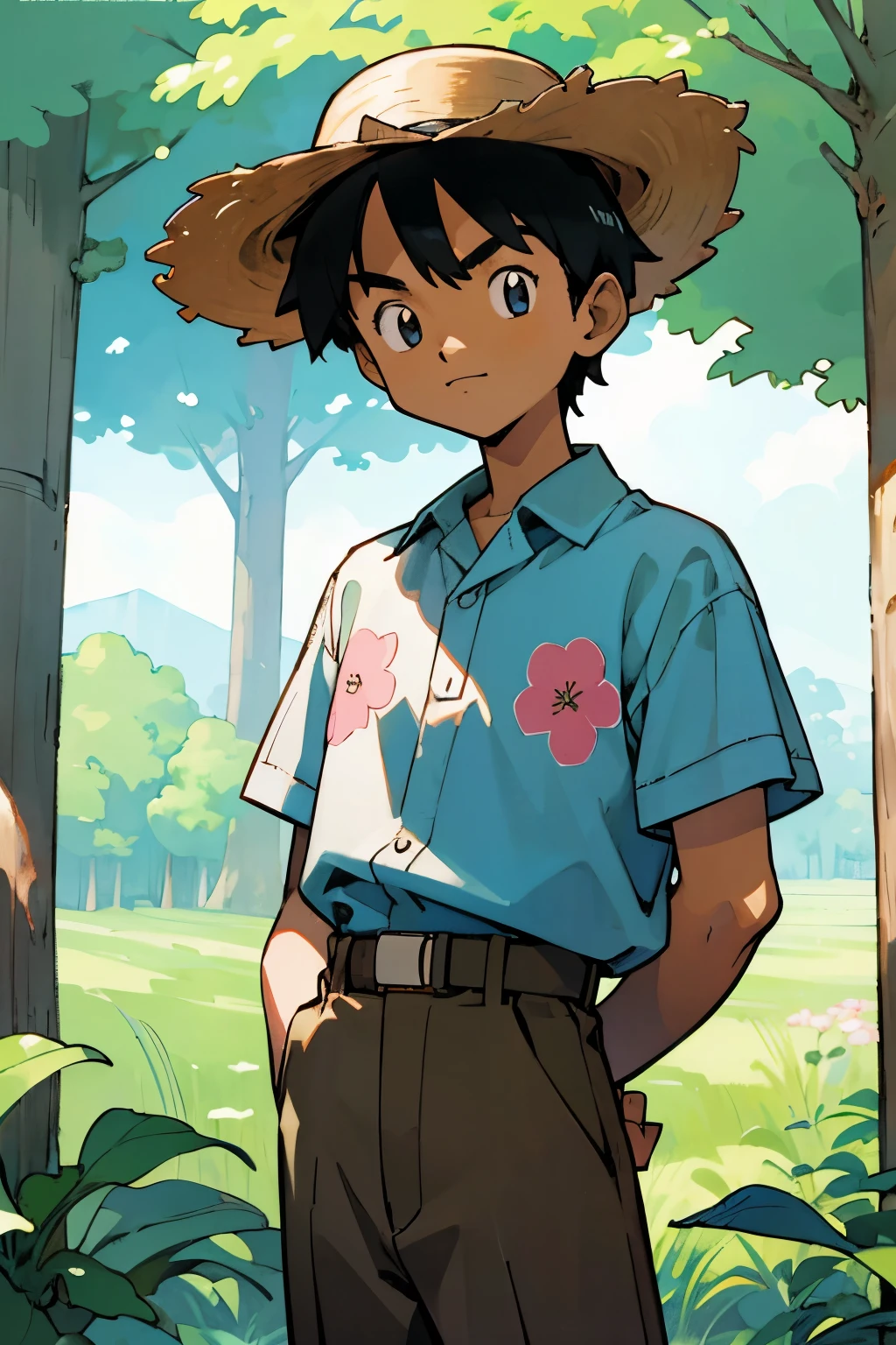 by Ken Sugimori, sugimori 1990s, ((only 1boy)), dark skin, child, tan, wide straw hat, sunglasses, forest in the background, floral shirt, ((hands behind their back)), full black pupils, manga, best quality, highly detailed, clean lines, cowboy shot, good hands, good eyes, hd, 8k, professional, symmetrical, hires, 8k,