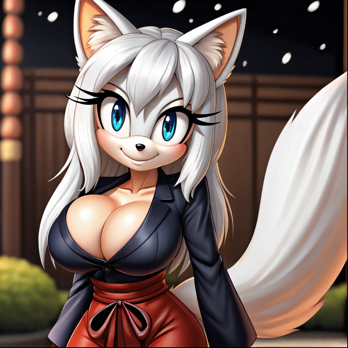 
Mobian fox, Silver white fur, Mobian, kitsune woman, Fox ears, blue eyes, smile, silvery white hair, large breasted cleavage, miko costume, white and black hakama, background of a japanese garden, flores, lightly snowing
