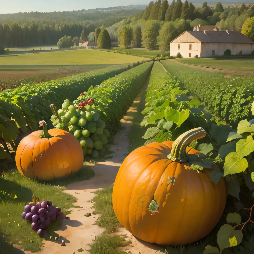 Harvested pumpkins and grapes