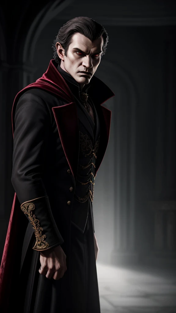 a male vampire, Lord Haakon, Stradh Von Zarovich, Manfred Von Carstein, vampire lord, serious expression, intimidating features, high cheekbones, very pale complexion, skin has tones of grey and white, gaunt face, angular face, dark brown hair, streaks of grey hair, medium length curly noble hair, dignified expression, gold leaf on black waistcoat over white silk noble shirt, fancy white jabot ornated by a large ruby, black cloak with velvet red inlay covers left side, photorealistic, 8k, hyper detailed, dramatic lighting, cinematic, dark fantasy, moody atmosphere, gothic horror, full body shot, backdrop of stone castle balcony with royal blue and gold trimmed curtains