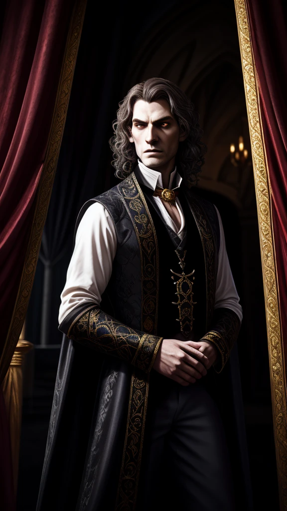 a male vampire, Lord Haakon, Stradh Von Zarovich, Manfred Von Carstein, vampire lord, serious expression, intimidating features, high cheekbones, very pale complexion, skin has tones of grey and white, gaunt face, angular face, dark brown hair, streaks of grey hair, medium length curly noble hair, dignified expression, gold leaf on black waistcoat over white silk noble shirt, fancy white jabot ornated by a large ruby, black cloak with velvet red inlay covers left side, photorealistic, 8k, hyper detailed, dramatic lighting, cinematic, dark fantasy, moody atmosphere, gothic horror, full body shot, backdrop of stone castle balcony with royal blue and gold trimmed curtains