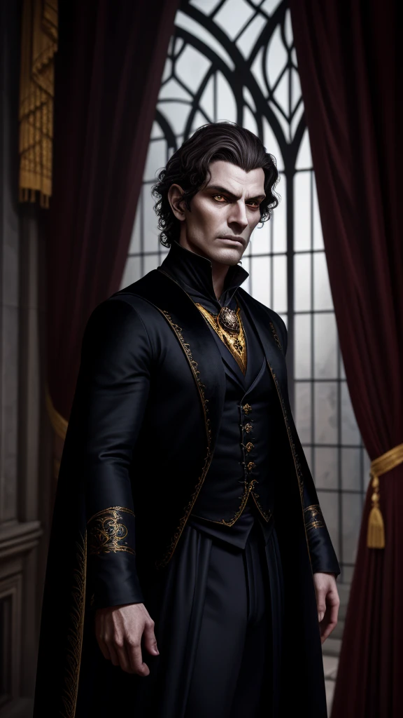 a male vampire, Lord Haakon, Stradh Von Zarovich, Manfred Von Carstein, vampire lord, serious expression, intimidating features, high cheekbones, very pale complexion, skin has tones of grey and white, gaunt face, angular face, dark brown hair, streaks of grey hair, medium length curly noble hair, dignified expression, gold leaf on black waistcoat over white silk noble shirt, fancy white jabot ornated by a large ruby, black cloak with velvet red inlay covers left side, photorealistic, 8k, hyper detailed, dramatic lighting, cinematic, dark fantasy, moody atmosphere, gothic horror, full body shot, backdrop of stone castle balcony with royal blue and gold trimmed curtains