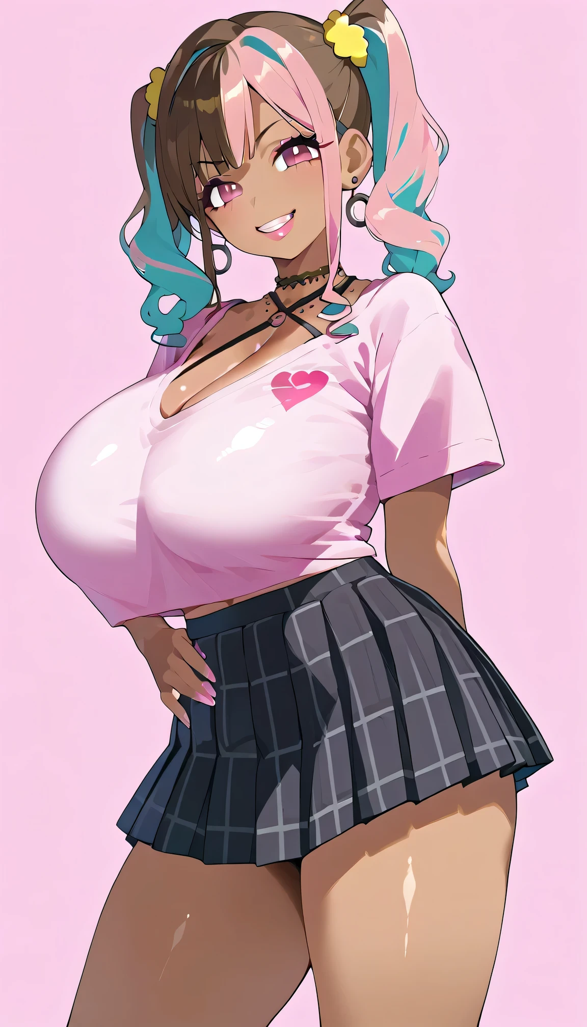 big lips, brown hair, pink eyes, japanese face, gyaru, two side up, huge breasts, wide hips, sexy, pink theme, kawaii, detailed, simple pink background, decora, bangs, evil grin, bikini top, kawaii, pleated skirt, punk, goth, pink and black outfit, plaid skirt, punk shirt, choker, dark skin, shiny skin