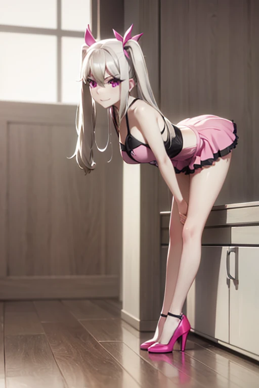 masterpiece, digital art, 1girl, small young seductive anime girl with long white hair and pink eye's, thick, short pencil skirt, busty, cleavage, smirk, black high heels, legs, twintails, 4k, extremely detailed, tight ass, bending over,