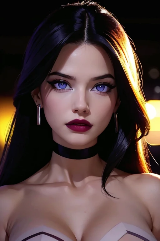 Photography, professional full body (detailed face and eyes: 1.4), purple eyes (Deep necklines: 1.3), colorful and color photography of woman, naked (Dark makeup), collar, earrings (dark lipstick), divided lips, sharp focus, focus on the face, incredibly sharp details, extremely detailed (giant breasts in a frame: 1.1), 4K HQ, 8K, depth of field, f/1.2, leica, 8k hdr, high contrast, high retouch, Shadows  , bokeh, award-winning photography, best photographers.