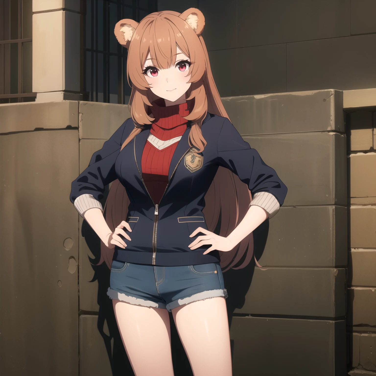(masterpiece, the best quality, high quality:1.4), professional artwork, well drawn, intricate details, Field of view,
raphtalia , big breasts, career background, afternoon, bear ears, (lipstick:0.7), make up, Ultra detailed hair, ultra detail face, perfect red eyes, Perfect face, , Looking at the viewer, galanteo, one hand on hip,
skinny fit short denim shorts, short jacket, fitted sweater, long socks.