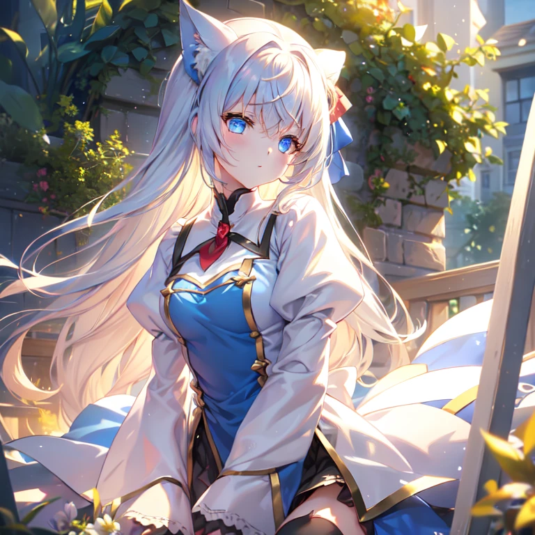 One Girl, Alice, Alone, blue eyes, Blonde, Blue hair ribbon, Long Hair, Puff sleeves, White apron, Blue Dress, white thighhighs小さな胸, sweat, (Glowing Skin), Highly detailed outdoor environments, Beautiful Face, A beautiful girl is having a pleasant nap in the shade, Alice・イン・ワンダーランド, Aliceは大きな木にもたれて眠っている, Beautiful fields, The river flows, Aliceの周りに古い本が約5冊ある, One of them is open, トランプがAliceの周りにあり、There are about 10 playing cards, Hearts and diamonds are red, Spades and clovers are black, 1つのポケットウォッチがAliceの眠っている顔の近くに落ちている, Pocket watches are beautiful、It looks very expensive, Gentle Breeze, White Flower, peace, Story Scene,