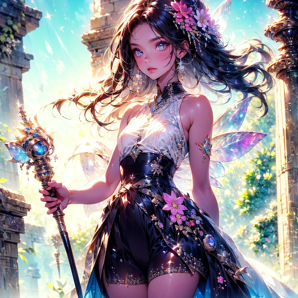Fairy walking along rainbow path spectroscopic with prism、Transparent feathers、a smile、kawaii faces、Precise body、Highly precise body depiction、