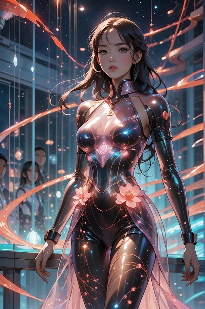 An ultra hot gorgeous thai woman, long dark flowing hair, known as a popular playmate and men's magazine model, portrayed as a fierce female space ranger in a dynamic action pose. She is dressed in a sleek, form-fitting pink space suit with futuristic details, standing confidently with a laser blaster in hand against a backdrop of stars and galaxies in the vast cosmic expanse. The lighting accentuates her features and adds a sense of drama to the scene.
