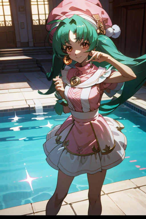 {best quality:1.5}, {very aesthetic:1.2},pool,standing,contrapposto,an faniel, anime screencap, 1 girl, solo, Green hair, pink dress, hat, ball hair accessories, Long hair, twintail, hair ornament, Dress, indoors, orange Eyes, blushing, high res, detailed face, detailed eyes, Seductive Eyes, Seductive Smile, Sitting, happy,smile,(centered,scale to fit dimensions,Rule of thirds),(masterpiece), high quality, intricate details, highly detailed background, 8k, cell shading, screen capture, anime, 