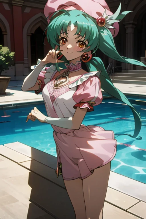 {best quality:1.5}, {very aesthetic:1.2},pool,standing,contrapposto,an faniel, anime screencap, 1 girl, solo, Green hair, pink dress, hat, ball hair accessories, Long hair, twintail, hair ornament, Dress, indoors, orange Eyes, blushing, high res, detailed face, detailed eyes, Seductive Eyes, Seductive Smile, Sitting, happy,smile,(centered,scale to fit dimensions,Rule of thirds),(masterpiece), high quality, intricate details, highly detailed background, 8k, cell shading, screen capture, anime, 