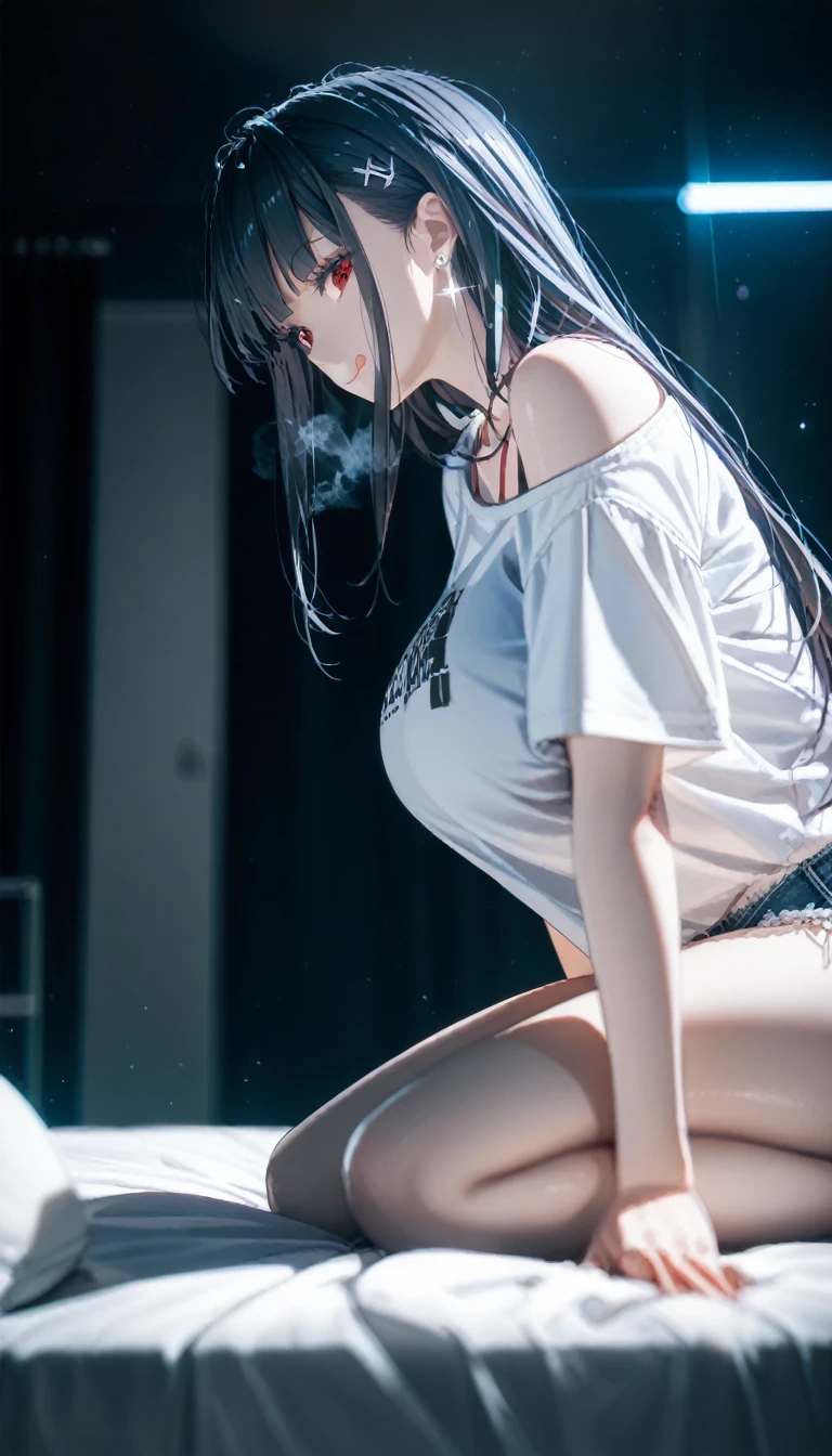 (Photorealsitic:1.4)、Woman with open mouth、(Emphasis on a big mouth: 1.2)、top-quality、extremely delicate and beautiful、hight resolution、beautiful  lighting、、((((Dark background with nothing))))、1girl in、Tifa_lockhart、The whole body、Black T-Bag、Lower breast、Shoulder、Navel Ejection、(Torn white shirt:1.5)、A dark-haired、length hair、elbowgloves、Beautiful detailed red eyes、Facial light、Since a while ago、(from the front side、a closeup:1.5)、、(Realistic in anime style、Lying in the dark、）、Japanese Bondage、bind、ropes、Bend your knees and open your legs wide、lighting on the face、illuminating、(The upper part of the body)、Face distorted by pain、(Pang、shout out:1.4)、(Massive tears)、(Looking Up)、(Staring overhead)、Wet eye makeup、face perfect、(Ultra-detailed eyesnose-mouth-tongue)、(begging forgiveness)、((A large amount of white translucent sticky liquid is sprayed on it.、skin is wet))、Abundant tears、Heavy drool、Nose hook