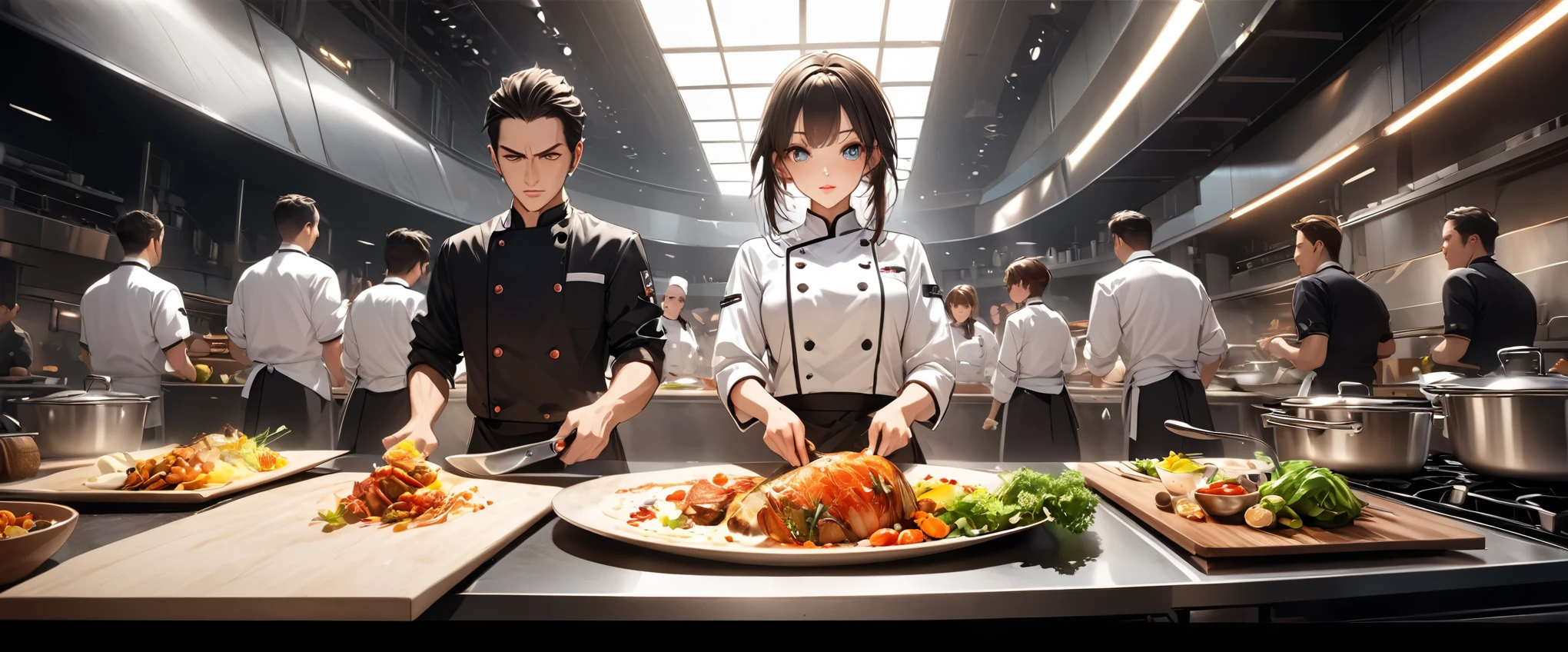 A cooking battle between two chefs, ((Side-by-side open kitchen, A special kitchen in the center of the stadium:1.1)), Large crowd watching a cooking battle, ((Beautiful detailed eyes, Beautiful detailed lips, Very detailedな目と顔, Long eyelashes, Chef uniform, Serious expression)), Cooking skills, Various cooking ingredients, Pots and pans, Professional kitchen equipment, Dynamic camera angles, Wide angle:1.2, Bright lighting, Vibrant colors, Cinematic composition, Dramatic lighting,  (Best Quality:1.2, Very detailed, Game Style, Detailed CG illustration, Ultra-high resolution, High Contrast, masterpiece:1.2, Best aesthetics).