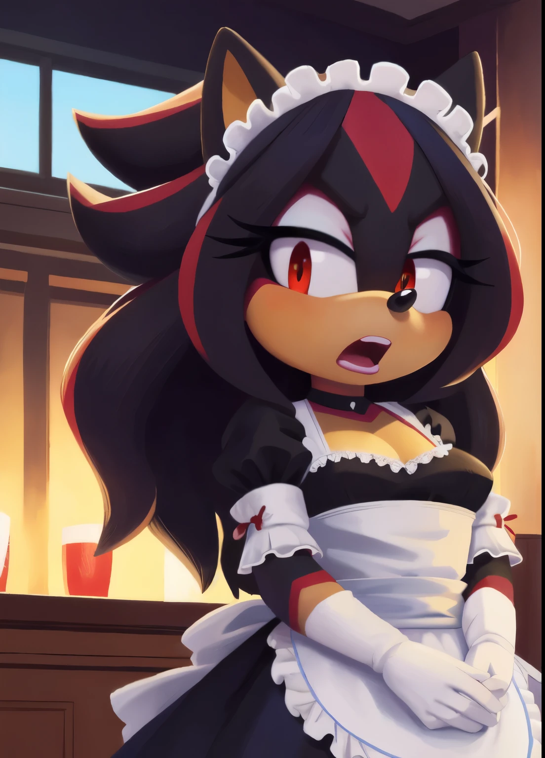score_9, score_8_up, 2D, hotel background, looking at viewer, 1girl, very detailed, extremely detailed, Shadow the Hedgehog from the sonic the hedgehog series, Shadow the hedgehog but female, Female Shadow, portrait, shocked expression, puzzled expression, sound lines, small open mouth, makeup, light on the lipstick, hair down, long hair, maid attire, large bust, milf, looking down at her chest, red eyes,