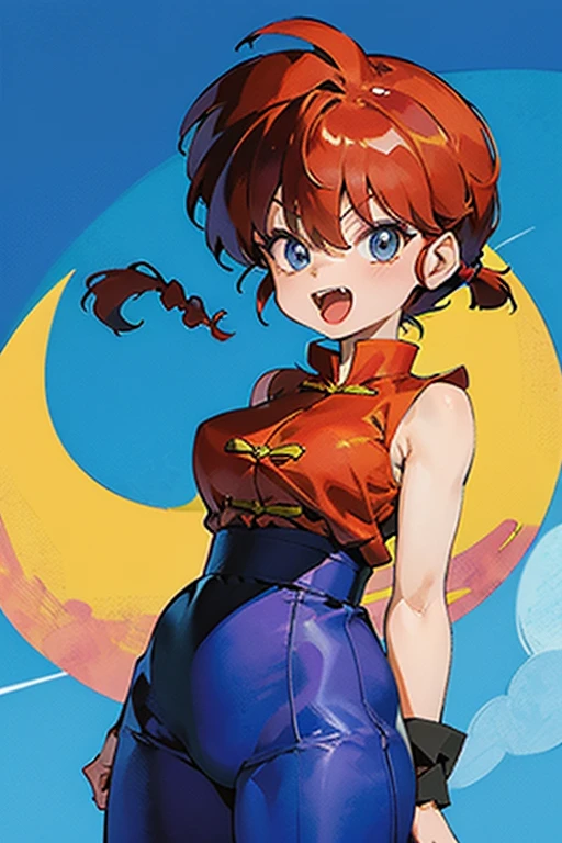 ((masterpiece)), high quality, very_high_resolution, large_filesize, full color, heavy outline, clear outline, colorful, (beautiful detailed eyes), (beautiful face:1.3), (boyish face), 1 girl, (femaleranma), (red hair), short hair, (braided ponytail), ((bangs)), bumpy bangs, blue-gray eyes, big breasts, curvy, black-wristbands, femaleranma, braided ponytail, chinese clothes, sleeveless, tangzhuang, black pants, cameltoe, standing, upper body, front view, (8k, RAW photo, best quality, masterpiece:1.2), RanmaChan, RanmaRedShirt, blue pants (masterpiece, best quality:1.2), 1 girl, Solitary best quality,masterpiece,highly detailed,ultra-detailed,
haddonsundblom,__ro ((Chibi:1.3)), 1girl, solo, cute, young sister, (red har, single braided ponytail hair), (jitome, fangs, open mouth), ((ranma-chan)), ((outfits:chinese clothes)), dynamic angle, exciting, takahashi rumiko, 1990s \(style\), retro artstyle, watercolor\(medium\)