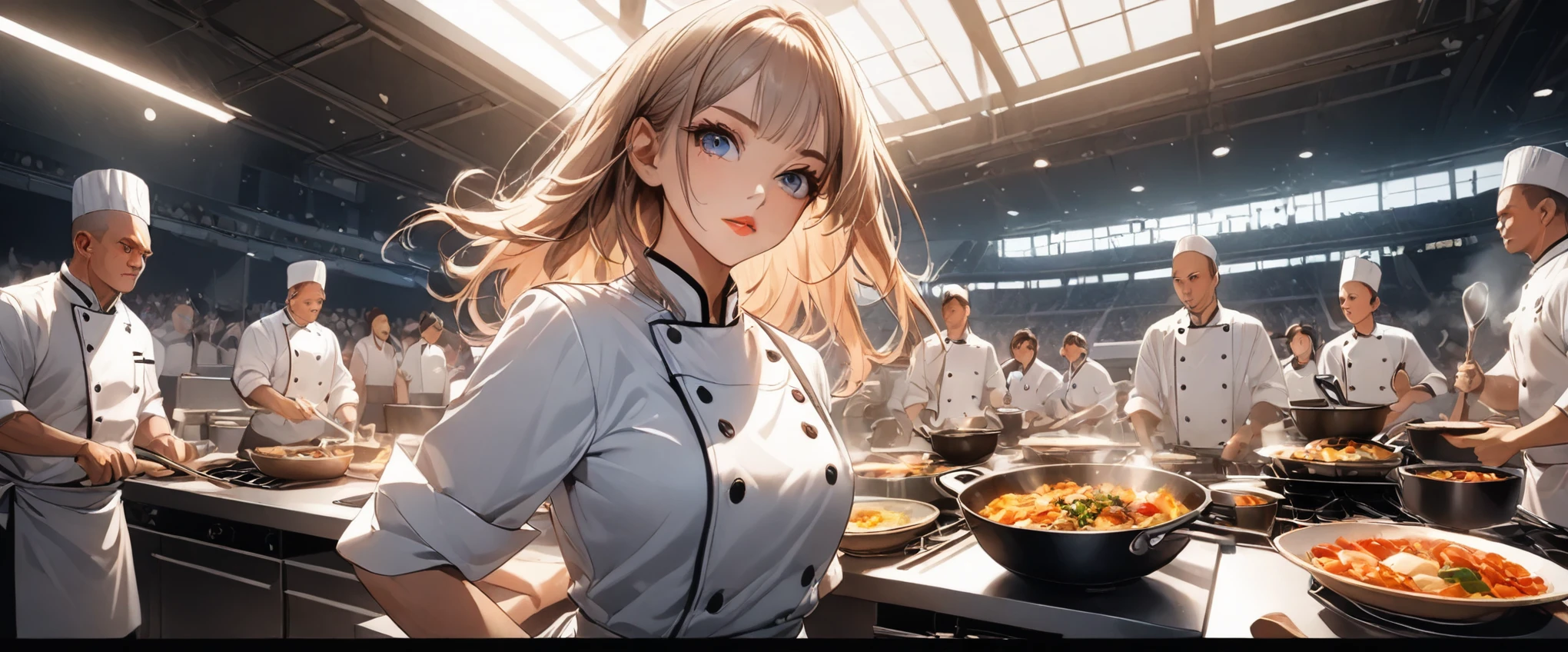 A cooking battle between two chefs, ((Side-by-side open kitchen, A special kitchen in the center of the stadium:1.1)), Large crowd watching a cooking battle, ((Beautiful detailed eyes, Beautiful detailed lips, Very detailedな目と顔, Long eyelashes, Chef uniform, Serious expression)), Cooking skills, Various cooking ingredients, Pots and pans, Professional kitchen equipment, Dynamic camera angles, Wide angle:1.2, Bright lighting, Vibrant colors, Cinematic composition, Dramatic lighting,  (Best Quality:1.2, Very detailed, Game Style, Detailed CG illustration, Ultra-high resolution, High Contrast, masterpiece:1.2, Best aesthetics).