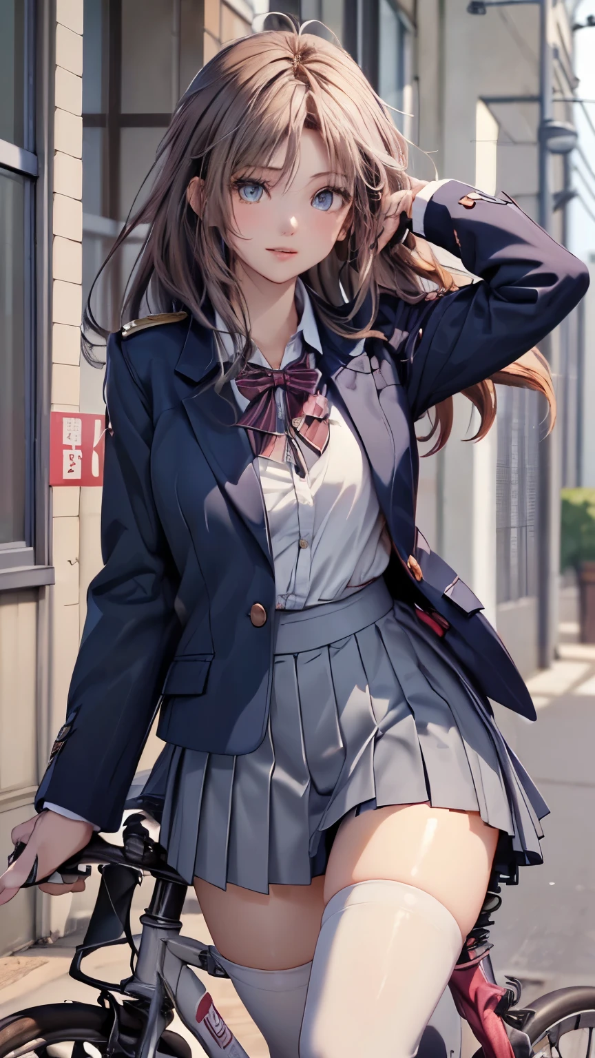 1girl,Blonde wavy long hair,Very beautiful blue eyes,((4K,8k,CG Unity,最高masterpiece,masterpiece,Best Quality:1.5)),Official image,((Perfect Anatomy,Anatomically correct:1.2)),((Photorealistic:1.2)),Perfect beautiful girl,A beautiful woman,Supermodel,Dynamic Angle,Beautifully detailed skin textures,Beautiful and glossy pink lips,Beautiful double eyelids,Highly detailed acrylic painting,Very beautiful and smooth hair,Highly detailed pixelated faces and eyes,((bicycle road bike riding a bicycle)),((Blazer uniform,Grey mini skirt,White thigh-high stockings)),((Panty shot,White panties)),A strong wind blows up my skirt,Correctly constructed bicycle,((Riding a bike in the correct composition))
