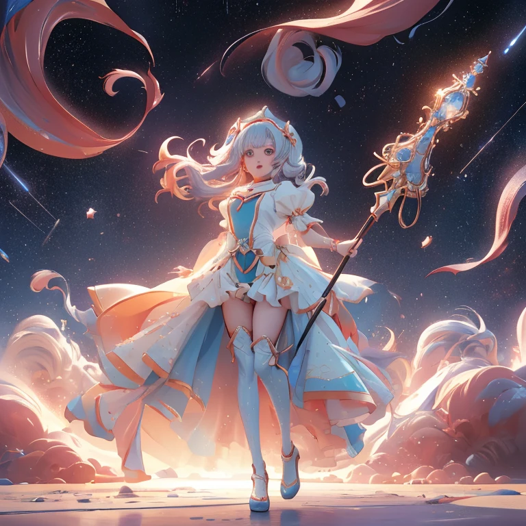 As Cure Nova, her outfit features a blend of silver and red, Decorated with starry sky design and shooting star elements. she、Equip a space-themed staff that enhances star-based attacks., Red accents on the outfit、It represents the fiery energy of the stars.. Anime Magical Girl