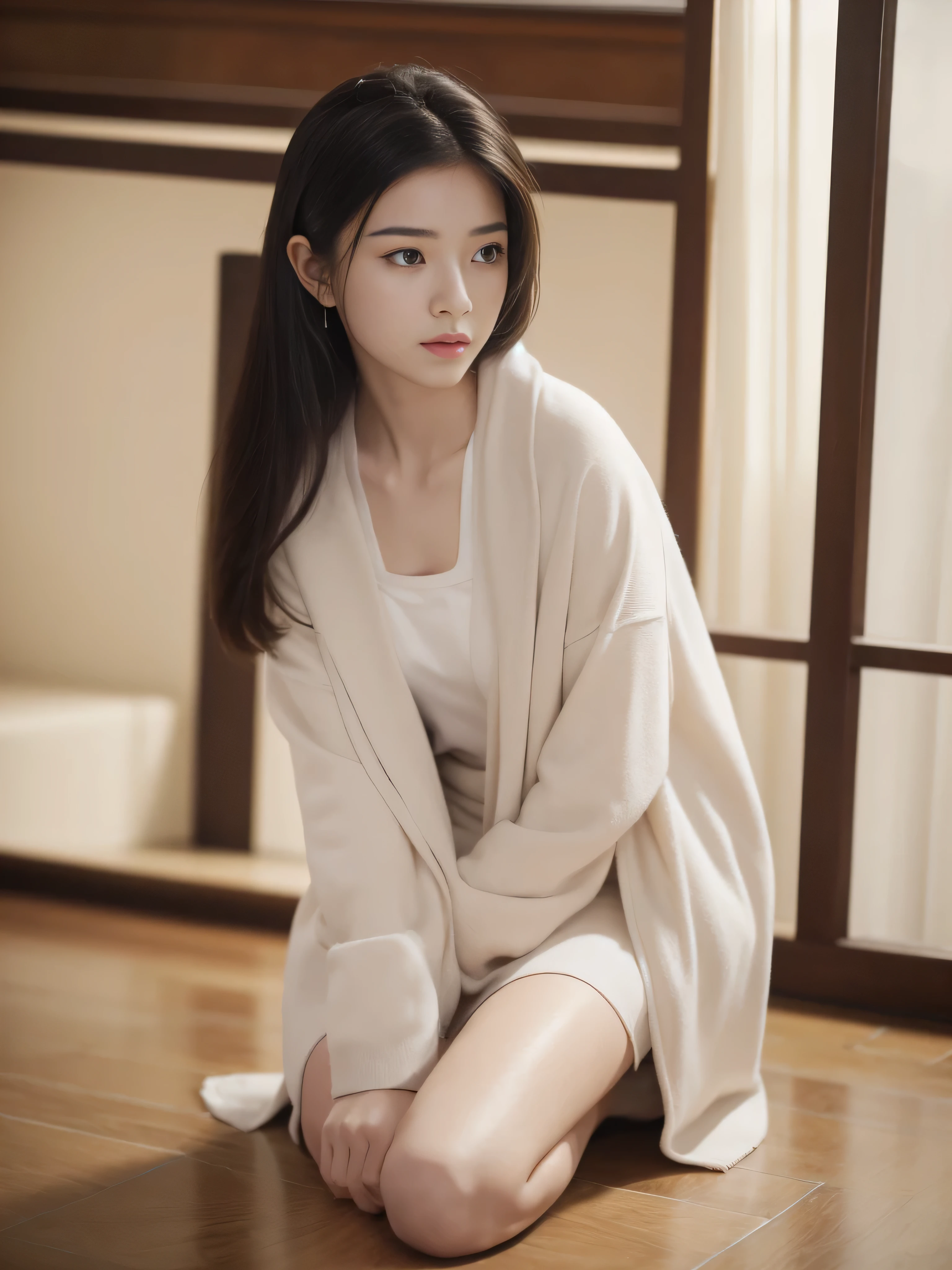 masterpiece, Best quality, Extremely detailed face,1 beautiful young girl, Solitary,Kneeling,Legs apart