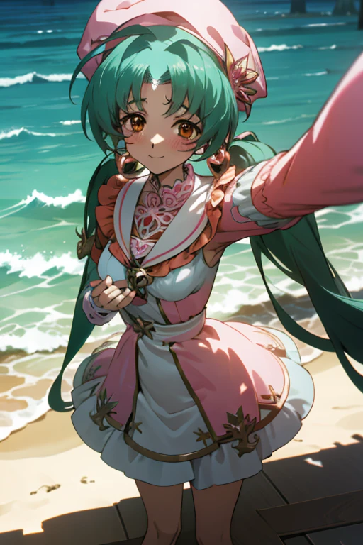 {best quality:1.5}, {very aesthetic:1.5}(beautiful :1.3),soft lighting,beach,standing,contrapposto,an faniel, anime screencap, 1 girl, solo, Green hair, pink dress, hat, ball hair accessories, Long hair, twintail, hair ornament, Dress, indoors, orange Eyes, blushing, high res, detailed face, detailed eyes, Seductive Eyes, Seductive Smile, Sitting, happy,smile,(centered,scale to fit dimensions,Rule of thirds),(masterpiece), high quality, intricate details, highly detailed background, 8k, cell shading, screen capture, anime,