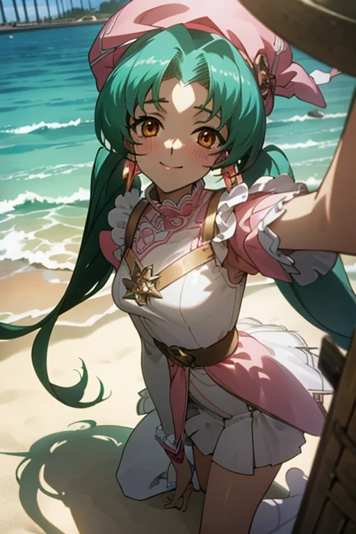 {best quality:1.5}, {very aesthetic:1.5}(beautiful :1.3),soft lighting,beach,standing,contrapposto,an faniel, anime screencap, 1 girl, solo, Green hair, pink dress, hat, ball hair accessories, Long hair, twintail, hair ornament, Dress, indoors, orange Eyes, blushing, high res, detailed face, detailed eyes, Seductive Eyes, Seductive Smile, Sitting, happy,smile,(centered,scale to fit dimensions,Rule of thirds),(masterpiece), high quality, intricate details, highly detailed background, 8k, cell shading, screen capture, anime,