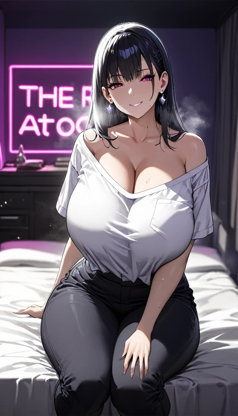 Long black hair、Red eyes、Tsukuyomi Minato, One-off shoulder、Super large size T-shirt、Super Hot Pants、 Super huge breasts, High resolution, Masterpiece Anatomically Correct, Best Quality, high detail, damage, High resolutionモデル, retina, Very detailed, Textured skin, 超High resolution, 航空photograph, Background Blur, Exposure, Movie Light Effects, photograph, reality, 
From Side View、Girl straddling a man、
((Backlight Lighting、UV black light lighting、Shiny white shirt、The room was dim and windowless.、Bedroom lit with black light and neon lights:1.3,On the bed ))
sweat,steam, , shortness of breath, Charming smile, Fully clothed、

Heavy breathing、Rough kiss、Large Breasts, Earrings, Licking lips,  squat、sit、Top view、Full body diagram、Convulsively sit down、A room for two、(((sfw, Safe at Work)))