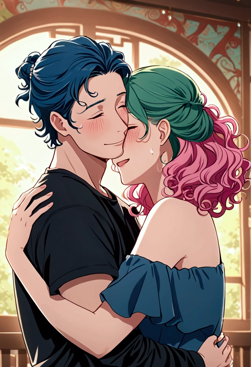 Woman with pink curly hair wearing long blue dress hugging boyfriend with green hair wearing a blue t-shirt and black jeans, couple hugging, woman crying with joy, tears of joy, happy moment, Happy Couple.