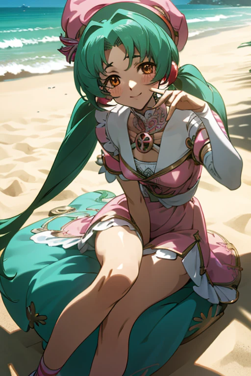 {best quality:1.5}, {very aesthetic:1.5}(beautiful :1.3),moody lighting,beach,contrapposto,an faniel, anime screencap, 1 girl, solo, Green hair, pink dress, hat, ball hair accessories, Long hair, twintail, hair ornament, Dress, indoors, orange Eyes, blushing, high res, detailed face, detailed eyes, Seductive Eyes, Seductive Smile, Sitting, happy,smile,(centered,scale to fit dimensions,Rule of thirds),(masterpiece), high quality, intricate details, highly detailed background, 8k, cell shading, screen capture, anime,