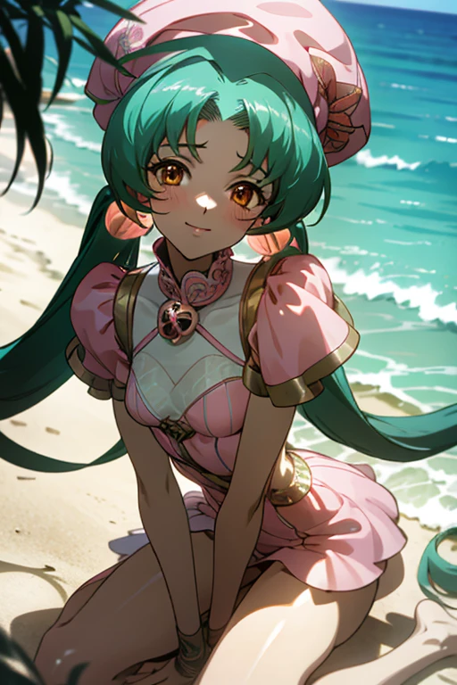 {best quality:1.5}, {very aesthetic:1.5}(beautiful :1.3),moody lighting,beach,contrapposto,an faniel, anime screencap, 1 girl, solo, Green hair, pink dress, hat, ball hair accessories, Long hair, twintail, hair ornament, Dress, indoors, orange Eyes, blushing, high res, detailed face, detailed eyes, Seductive Eyes, Seductive Smile, Sitting, happy,smile,(centered,scale to fit dimensions,Rule of thirds),(masterpiece), high quality, intricate details, highly detailed background, 8k, cell shading, screen capture, anime,