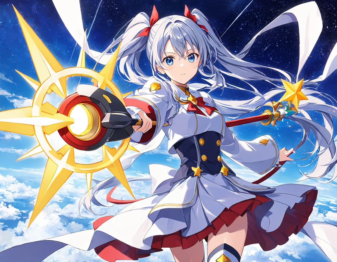 As Cure Nova, her outfit features a blend of silver and red, Decorated with starry sky design and shooting star elements. she、Equip a space-themed staff that enhances star-based attacks., Red accents on the outfit、It represents the fiery energy of the stars.. Anime Magical Girl