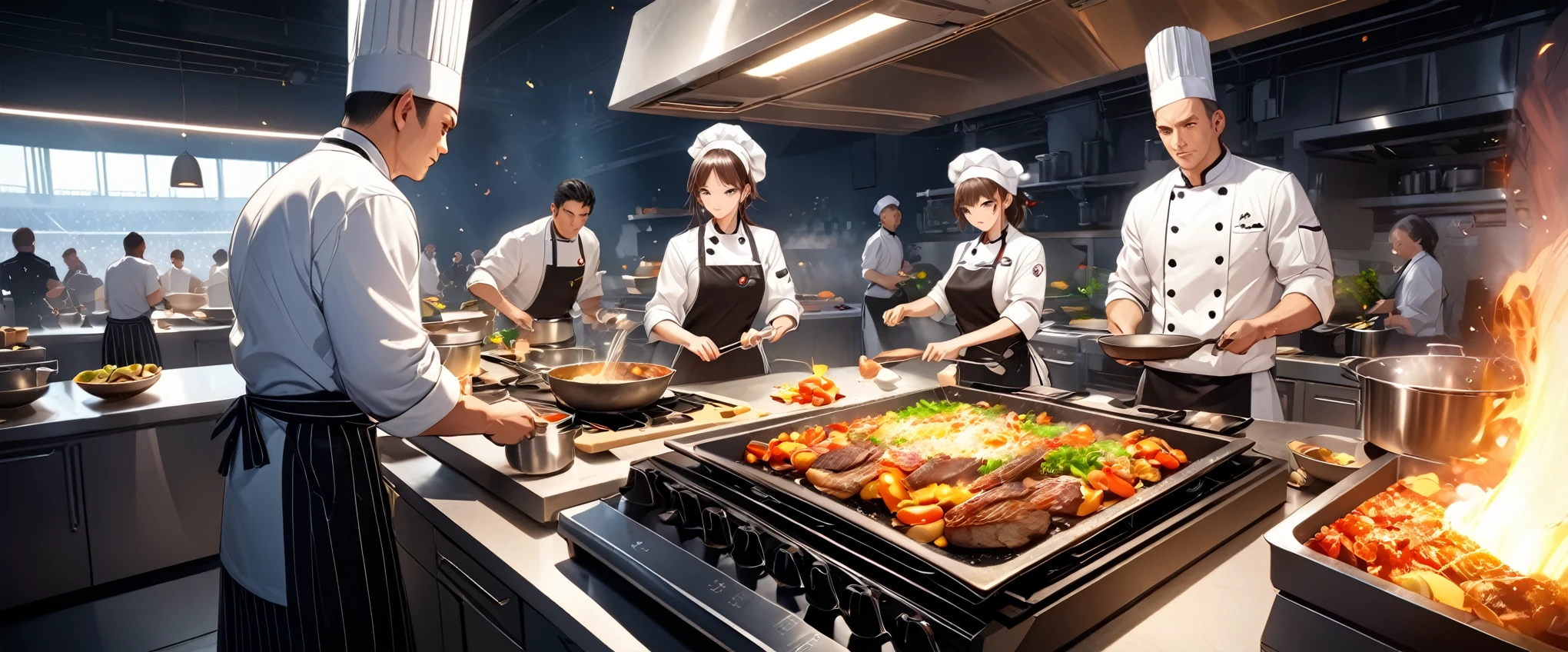 A cooking battle between two chefs, ((Side-by-side open kitchen, A special kitchen in the center of the stadium:1.1)), Large crowd watching a cooking battle, ((Beautiful detailed eyes, Beautiful detailed lips, Very detailedな目と顔, Long eyelashes, Chef uniform, Serious expression)), Cooking skills, Various cooking ingredients, Pots and pans, Professional kitchen equipment, Dynamic camera angles, Wide angle:1.2, Bright lighting, Vibrant colors, Cinematic composition, Dramatic lighting,  (Best Quality:1.2, Very detailed, Game Style, Detailed CG illustration, Ultra-high resolution, High Contrast, masterpiece:1.2, Best aesthetics).