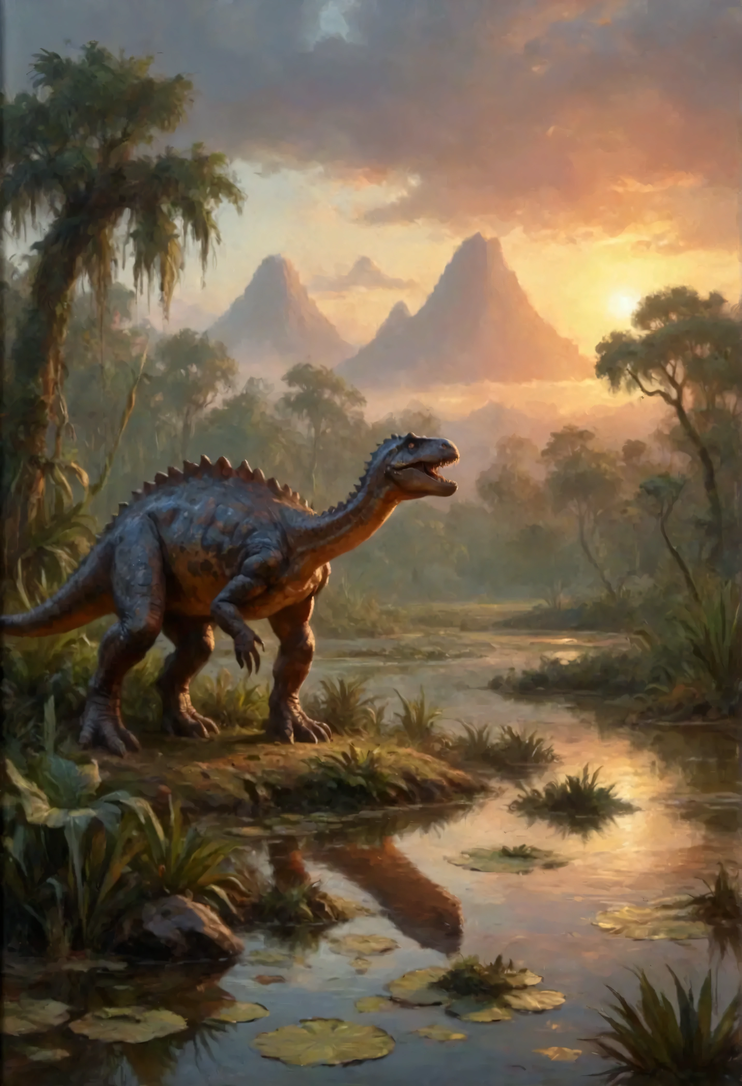a long-necked dinosaur eating plants in a swampy water, a cute female leader of a primitive hunter lesbian tribe, primitive tribal attire (spears, dinosaur hide tunics, hide boots), primal swamp landscape, dawn lighting,(best quality,8k,highres,masterpiece:1.2),ultra-detailed,photo-realistic,physically-based rendering,extremely detailed scene,vivid colors,dramatic lighting,epic fantasy,cinematic