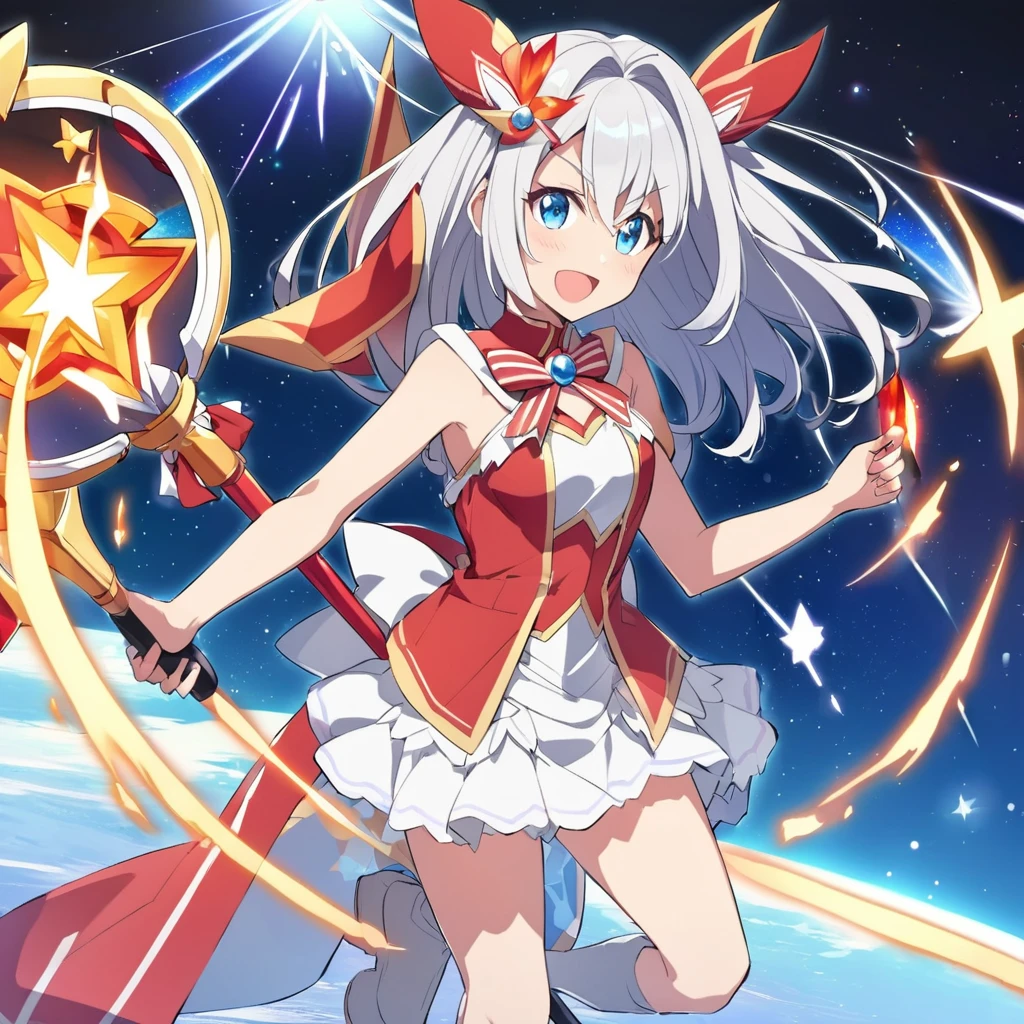 As Cure Nova, her outfit features a blend of silver and red, Decorated with starry sky design and shooting star elements. she、Equip a space-themed staff that enhances star-based attacks., Red accents on the outfit、It represents the fiery energy of the stars.. Anime Magical Girl