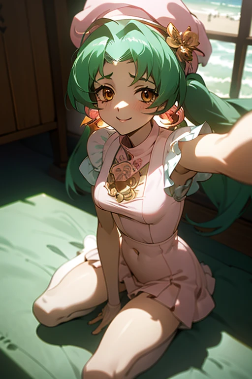 {best quality:1.5}, {very aesthetic:1.5}(beautiful :1.3),moody lighting,beach,contrapposto,lan faniel, anime screencap, 1 girl, solo, Green hair,  pink dress, hat, ball hair accessories, Long hair, twintail, hair ornament, Dress,  indoors, orange Eyes, blushing, high res, detailed face, detailed eyes, Seductive Eyes, Seductive Smile, Sitting, happy,smile,(centered,scale to fit dimensions,Rule of thirds),(masterpiece), high quality, intricate details, highly detailed background, 8k, cell shading, screen capture, anime, hungry clicker
easynegative, ng_deepnegative_v1_75t