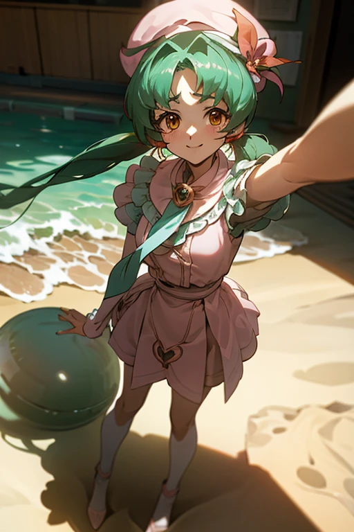 {best quality:1.5}, {very aesthetic:1.5},(beautiful :1.3),moody lighting,beach,standing,contrapposto,lan faniel, anime screencap, 1 girl, solo, Green hair, pink dress, hat, ball hair accessories, Long hair, twintail, hair ornament, Dress, indoors, orange Eyes, blushing, high res, detailed face, detailed eyes, Seductive Eyes, Seductive Smile, Sitting, happy,smile,(centered,scale to fit dimensions,Rule of thirds),(masterpiece), high quality, intricate details, highly detailed background, 8k, cell shading, screen capture, anime, hungry clicker easynegative, ng_deepnegative_v1_75t