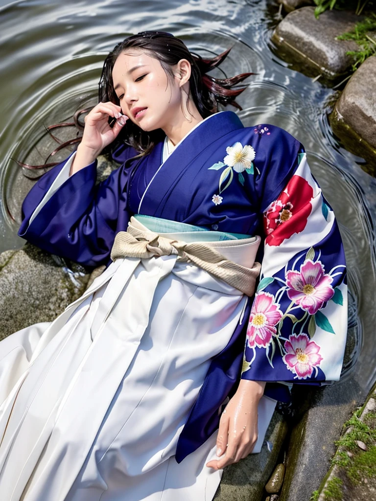 Realistic, long-sleeved kimono, hakama, long hakama, floral kimono, wet clothes, soaking wet clothes, wet and shiny clothes, clothes with a wet texture, clothes that stick to the body, immersed in a river, sinking in water, sleeping in a river, a woman lying in a river, a woman sinking in a river,