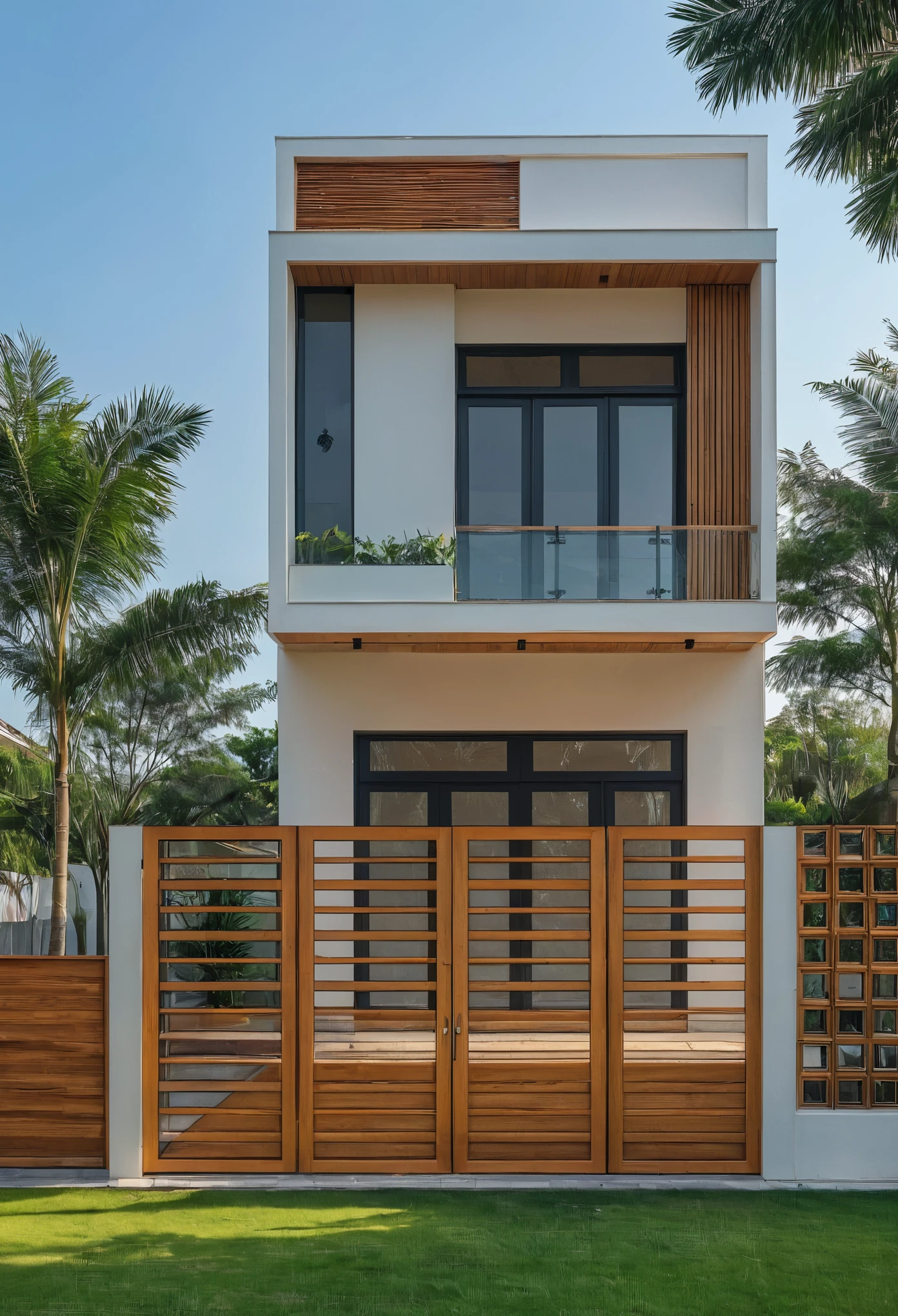 Raw photo, masterpiece, high quality, best quality, realistic, super detailed, outdoor, front view of a modern minimalist house in the heart of the city with white walls and wooden accents, wooden details, stone details, wooden lamri, wooden ceiling, black frame glass doors, glass railings, flower beds, luxurious interior, entrance gate, road in front, on the street, trees in the background , lush tropical plants on both sides, sunny day, professional magazine style photography, daylight
