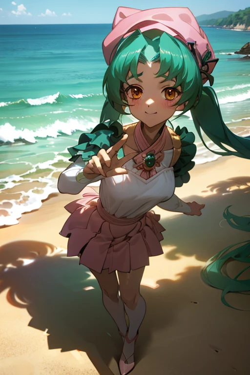 {best quality:1.5}, {very aesthetic:1.5},(beautiful :1.3),moody lighting,beach,facing viewer,standing,contrapposto,lan faniel, anime screencap, 1 girl, solo, Green hair, pink dress, hat, ball hair accessories, Long hair, twintail, hair ornament, Dress, indoors, orange Eyes, blushing, high res, detailed face, detailed eyes, Seductive Eyes, Seductive Smile, Sitting, happy,smile,(centered,scale to fit dimensions,Rule of thirds),(masterpiece), high quality, intricate details, highly detailed background, 8k, cell shading, screen capture, anime, hungry clicker easynegative, ng_deepnegative_v1_75t