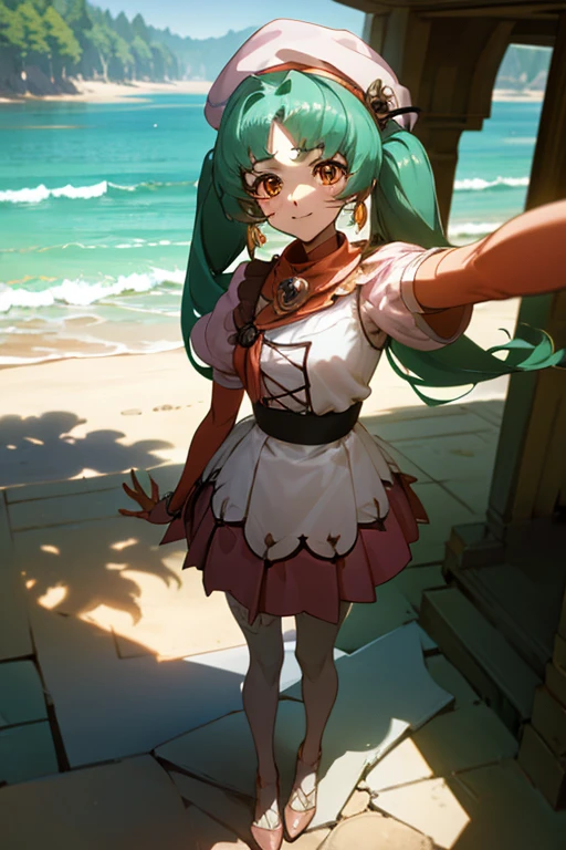 {best quality:1.5}, {very aesthetic:1.5},(beautiful :1.3),moody lighting,beach,facing viewer,standing,contrapposto,lan faniel, anime screencap, 1 girl, solo, Green hair, pink dress, hat, ball hair accessories, Long hair, twintail, hair ornament, Dress, indoors, orange Eyes, blushing, high res, detailed face, detailed eyes, Seductive Eyes, Seductive Smile, Sitting, happy,smile,(centered,scale to fit dimensions,Rule of thirds),(masterpiece), high quality, intricate details, highly detailed background, 8k, cell shading, screen capture, anime, hungry clicker easynegative, ng_deepnegative_v1_75t