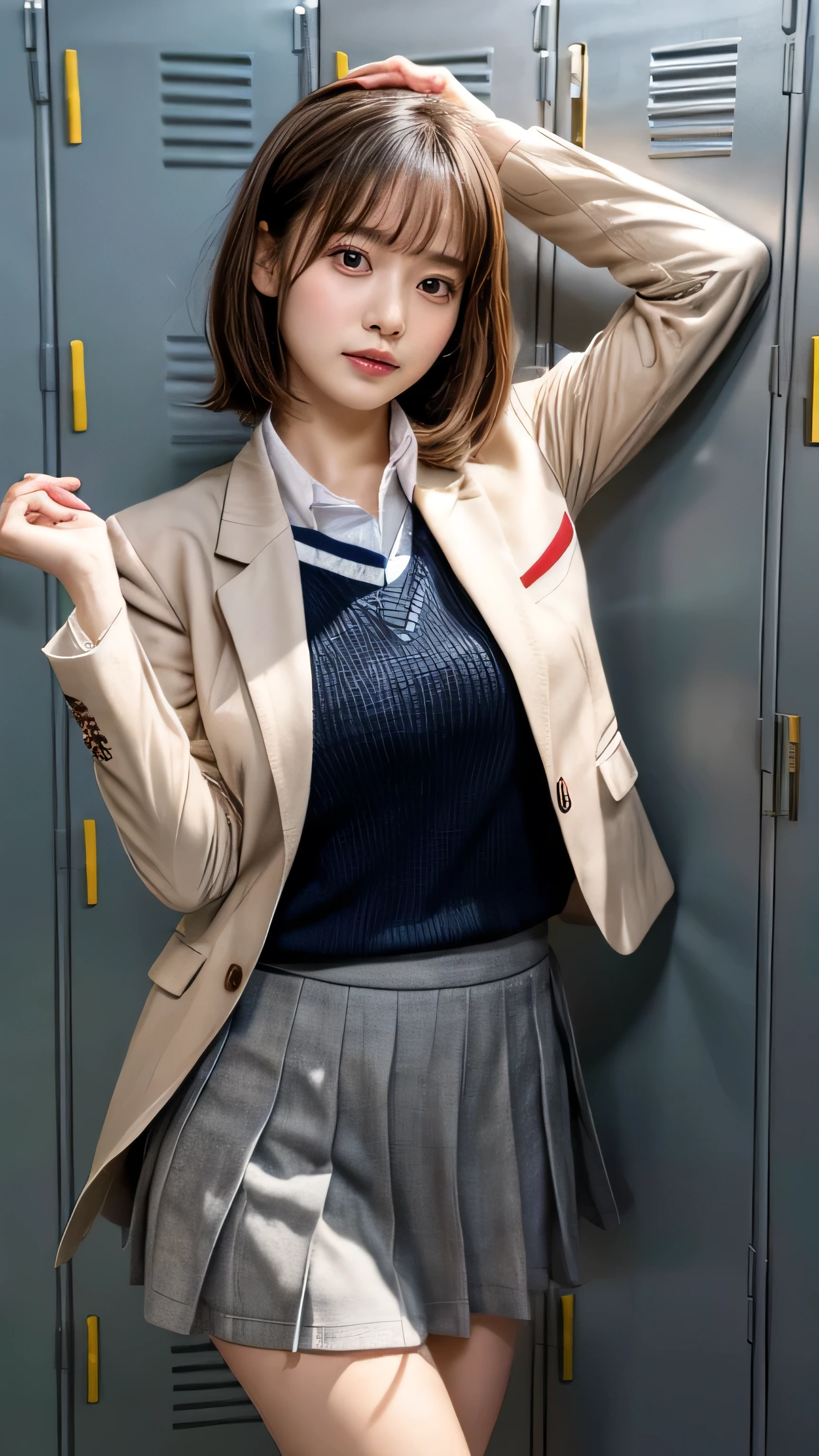 One Woman、((Standing wearing a blazer and miniskirt school uniform))、Primary school students,((small breasts)),Highest quality、Very delicate and beautiful、((Very short bangs))、((Bangs))、明るいつやのある茶色の髪のHighest quality、Very delicate and beautiful、((Very short bangs))、((blunt bangs))、Light shiny brown hair、The hair is light、((Short Bob))、Cute face、Young face、Cute like an idol、Are thin、Slim figure、slender、Short、 body type、((Background is an elementary school classroom))、Thighs、Photographed from the front、bag、