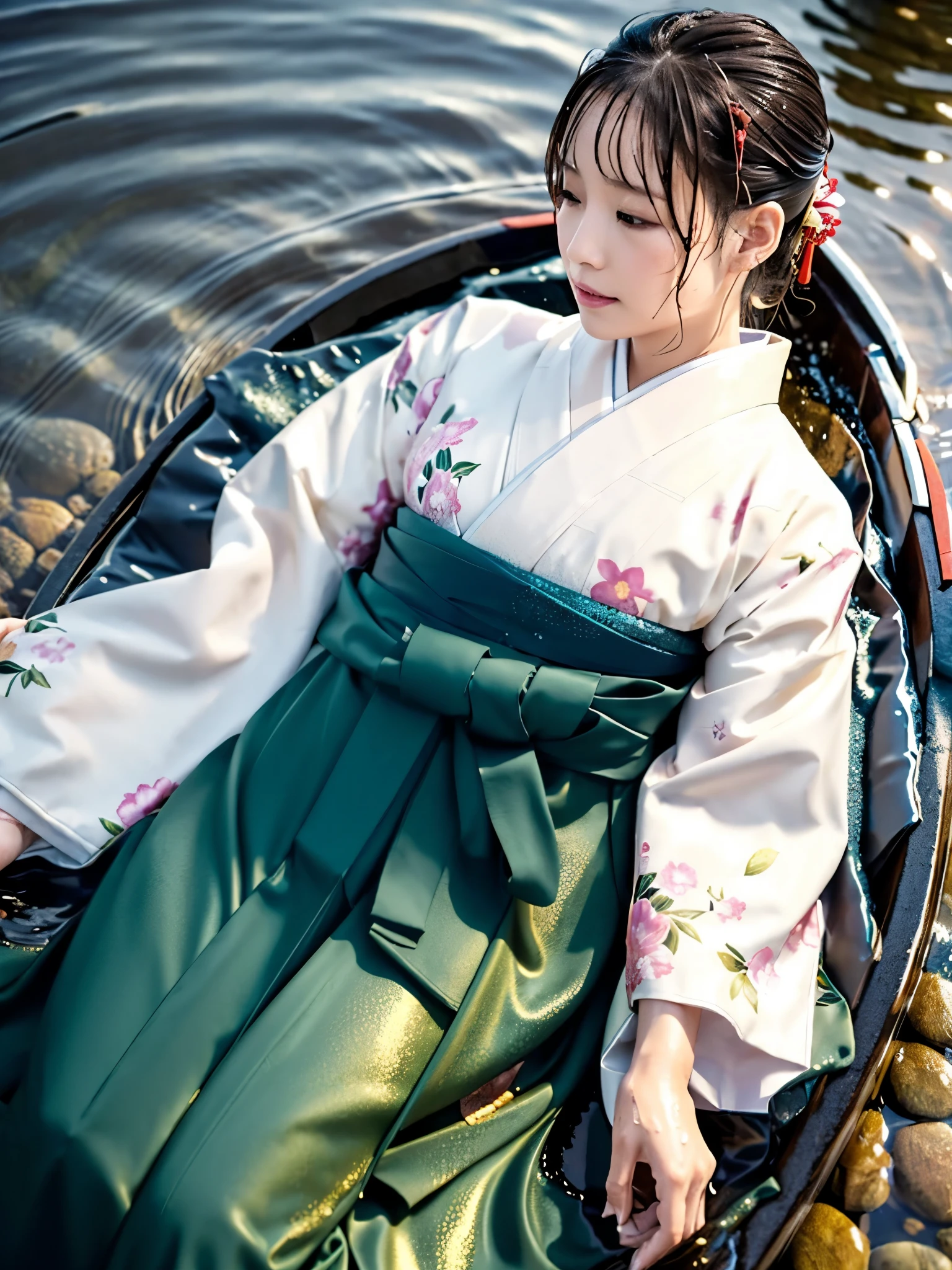 Realistic, long-sleeved kimono, hakama, long hakama, floral kimono, wet clothes, soaking wet clothes, wet and shiny clothes, clothes with a wet texture, clothes that stick to the body, immersed in a river, sinking in water, sleeping in a river, a woman lying in a river, a woman sinking in a river,