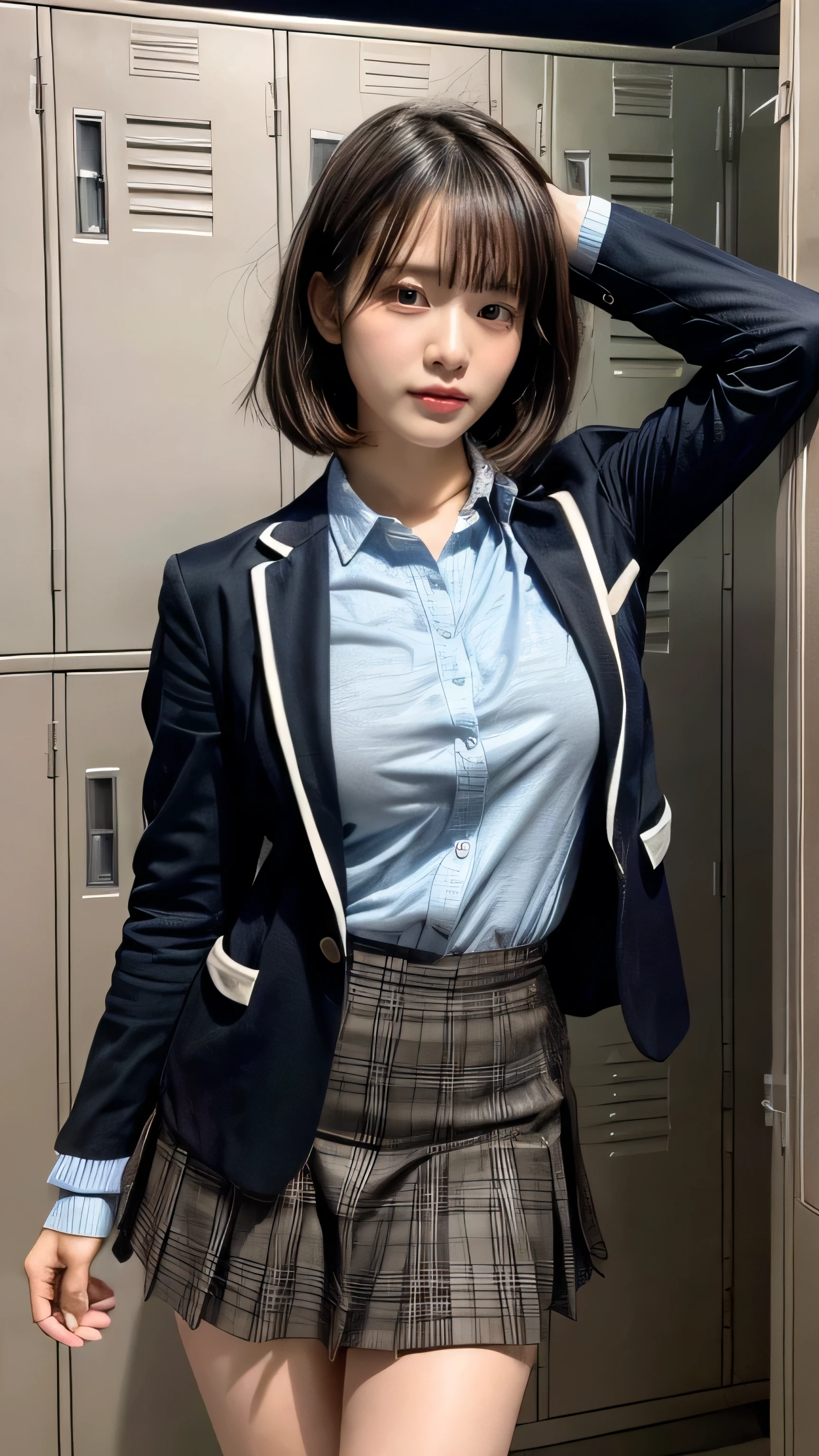 (A hyper-realistic), (illustratio), (hight resolution), (in 8K), (ighly detailed), (The best illustrations), (Beautiful detailed eyes), (top-quality), (ultra-detailliert), (masterpiece), (wall-paper), (详细的脸), (beautiful smiling face)、(Beautiful expression)、(A dark-haired)、(Short Bob Cut Hair)、Black eyes、Earrings with bangs、独奏、(((Cute Japan Beautiful Girl)))、(((High School Uniform)))、(School uniform:1.4)、(((Wearing a blazer)))、neck tie(((Mini Pleated Skirt)))、(((Green sexy lace panties)))、((green small sexy panties))、((Baby face))、(((Beautiful H cup breasts)))、(((You can see cleavage through the gap in your shirt)))、 (((clean!!!!)))、((clean breasts))、 (((Glamorous body)))、(slightly chubby figure)、((R-18))、(NSFW) 、(Near and far law)、 ((Full body subject))、 (She spreads her crotch and sexyly shows off her panties and provokes me.)、 (((Open your legs:8.5!!!!))),(((Squat on the floor、Bend your knees、Spread your legs wide)))、(School classroom background:1.1)