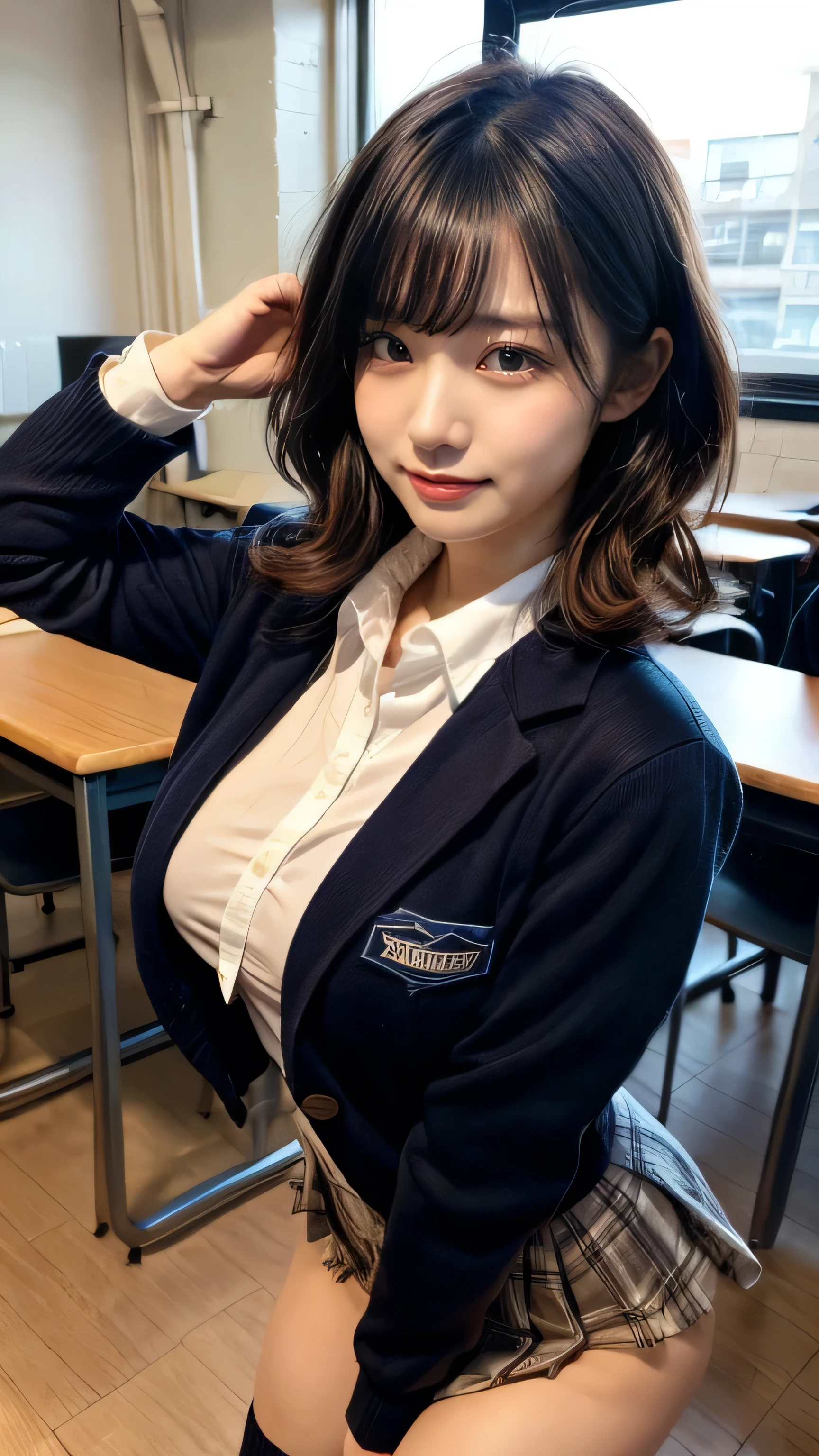 Tabletop, Highest quality, figure, Very detailed, In detail, High resolution, 8k wallpaper, Perfect dynamic composition, Beautiful attention to detail, Natural Lip,blazer ,school uniform, Cleavage, whole body