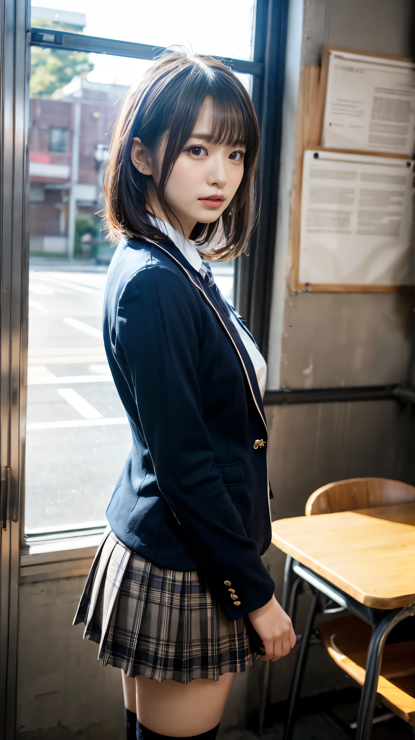 muste piece, best quality, illustration, Super detailed, fine details, High resolution, 8K,wall paper, perfect dynamic composition,(Details High quality, realistic depiction of eyes:1.3), from side, High School Classroom、High school girl uniform、blazer 、Super Short Check Uniform Skirt、Navy blue high socks、garterbelts、Colossal tits、Disturbed uniform, short bob hair, black hair color, large breasts, Big Natural Color Lip, bold sexy pose, (perfect body shape), crying a little、Harajuku style、20 year old girl、cute type, beautiful legs, hposing Gravure Idol, Voluptuous thighs