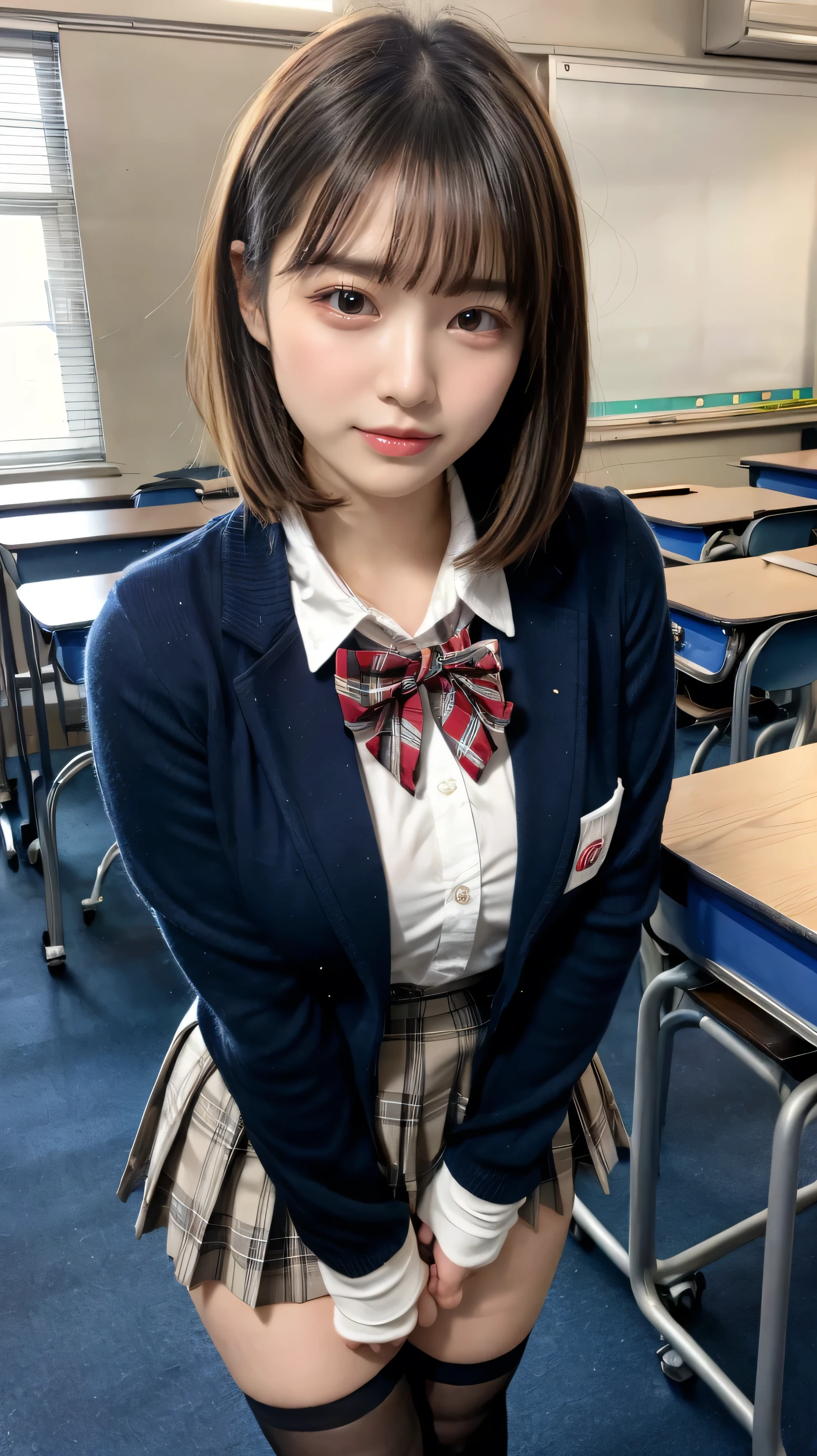 masterpiece, best quality, illustration, Super detailed, fine details, High resolution, 8K,wall paper, perfect dynamic composition,(Details High quality, realistic depiction of eyes:1.3), from side, High School Classroom、High school girl uniform、blazer 、Super Short Check Uniform Skirt、Navy blue high socks、garterbelts、Large swollen breasts, Disturbed uniform, short bob hair, black hair color, huge breasts, Big Natural Color Lip, bold sexy pose, perfect body shape, crying a little、Harajuku style、20 year old girl、cute type, beautiful legs, hposing Gravure Idol