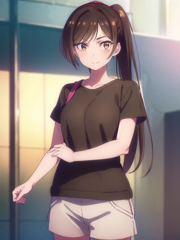 mizuharachizuru, Chizuru Ichinose, solo woman,Long Hair, bangs, Brown Hair, (Brown eyes:1.5), One side up, smile,(ponytail, Sporty T-shirt, spats),jogging, outdoors, crowd, people々,looking at viewer, (Cowboy Shot:1.5),(masterpiece:1.2), Best Quality, High resolution, Unity 8K Wallpaper, (Illustration:0.8), (Beautiful detailed eyes:1.6), Highly detailed face, Perfect lighting, Highly detailed CG, (Perfect hands, Perfect Anatomy),