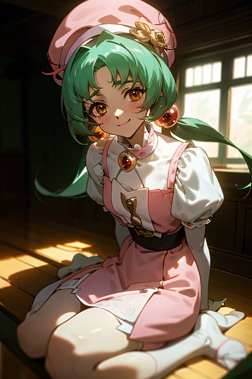 {best quality:1.5}, {very aesthetic:1.5},(beautiful :1.3),moody lighting,looking at viewer,arms behind back,lan faniel, anime screencap, 1 girl, solo, Green hair, pink dress, hat, ball hair accessories, Long hair, twintail, hair ornament, Dress, indoors, orange Eyes, blushing, high res, detailed face, detailed eyes, Seductive Eyes, Seductive Smile, Sitting, happy,smile,(centered,scale to fit dimensions,Rule of thirds),(masterpiece), high quality, intricate details, highly detailed background, 8k, cell shading, screen capture, anime, hungry clicker easynegative, ng_deepnegative_v1_75t