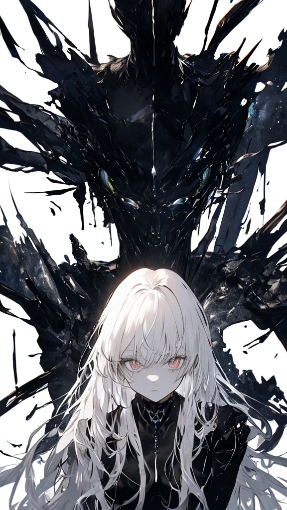 masterpiece， highest quality， Observe the audience， length Hair， Fresh， （Straight Hair：0.7），
Black Theme， （（（（Black Ruins，）））），Human whole body，Sheer leotard，Front view，Jet Black Eyes，Bright pupils，length, Pure white straight hair，Small breasts、A light smile，（Full Shot），Ultra-high resolution，Accurate，Very detailed，Awards，Attention to detail，highest quality，8k、High Leg、Mysterious、Quiet abandoned cityscape、mechanical、Beautiful Abuscular、beautiful girl