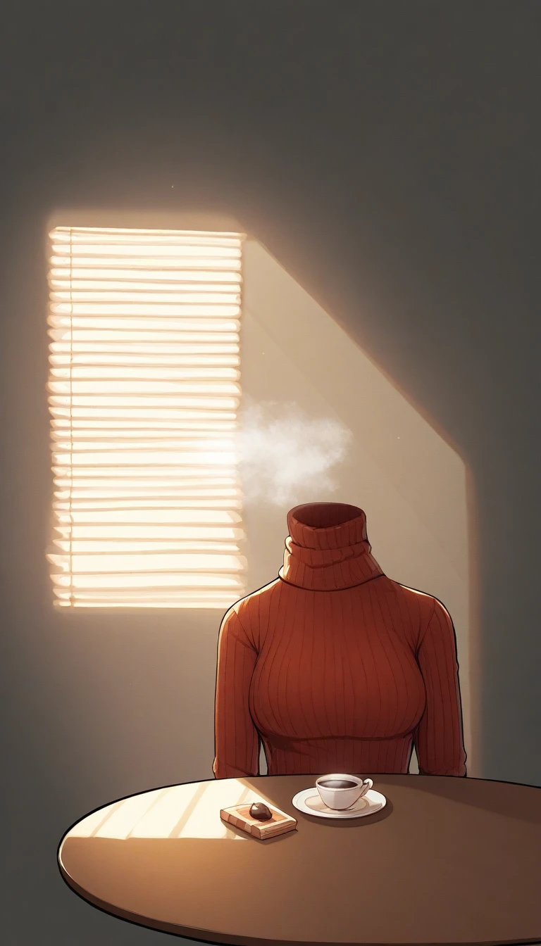 "An illustration of a person sitting at a café table with a steaming cup of coffee. The person is wearing a fitted turtleneck sweater, and they have an exaggerated, very large chest. The head is missing, creating an unusual and surreal appearance. The background is softly lit with natural light coming through a window with horizontal blinds, and the overall color palette is warm and soft, evoking a calm and relaxed atmosphere."