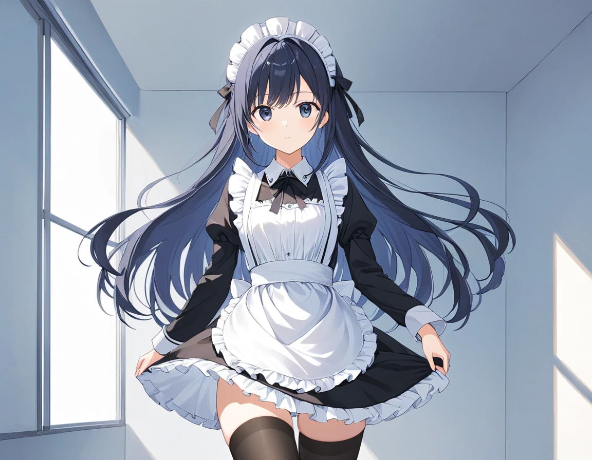 masterpiece, best quality, ultra detailed,super fine illustration, highly detailed beautiful face and eyes, 1girl, (cute), (kawaii), small breasts, (traditional maid collared shirt:1.3), mini skirt, (navy high socks), ponytail hair, standing, noshoes, (from below:1.3),